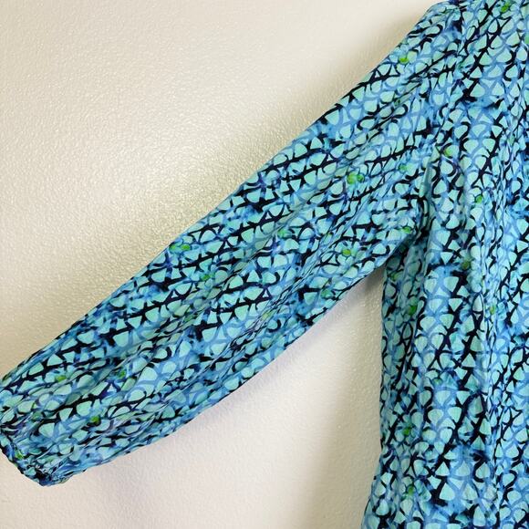 Finley Top Womens Medium Blue Shirt Long Sleeve V Neck Printed Boho Artsy Blouse - Picture 5 of 10